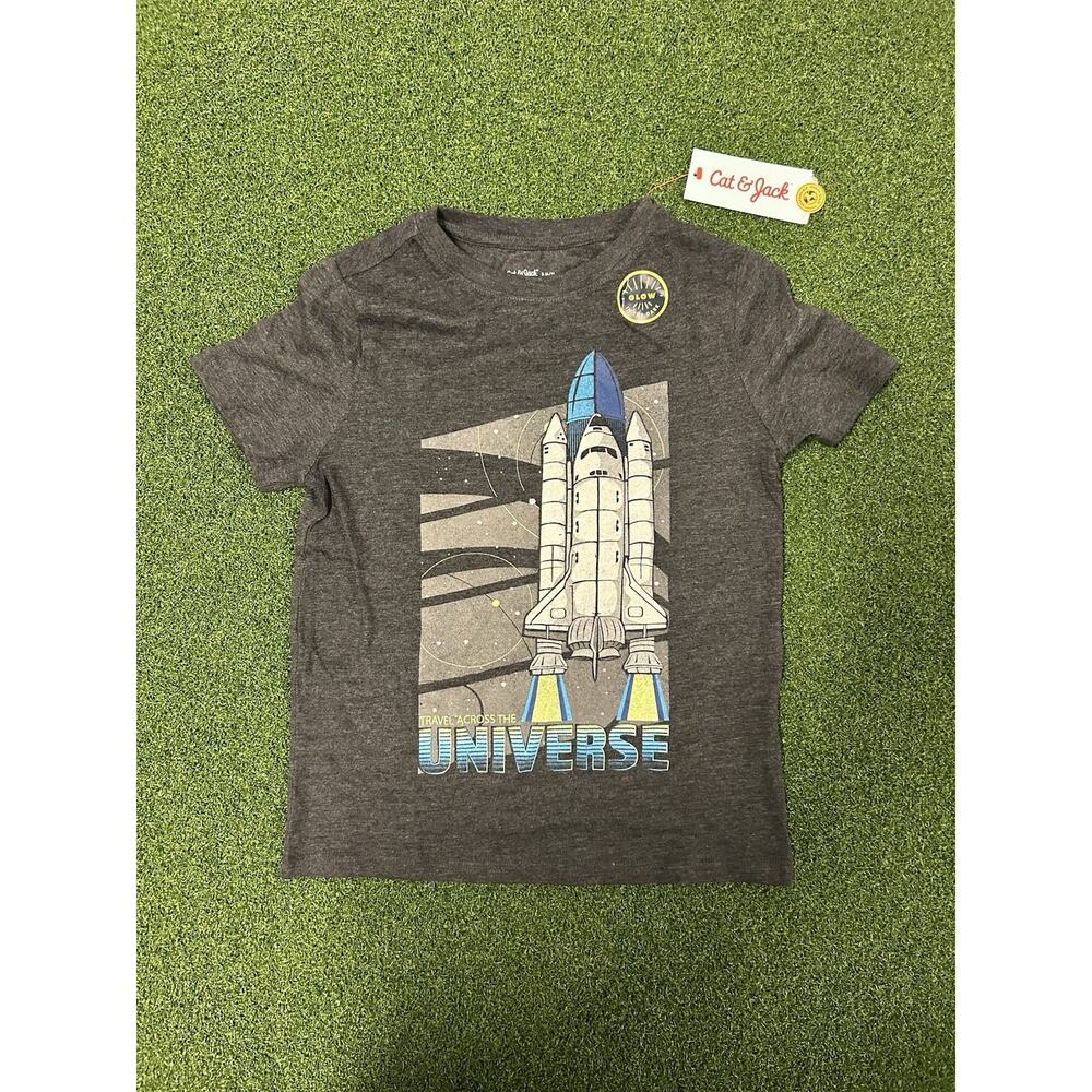 NWT Cat & Jack T-Shirt Crew Neck Short Sleeve Graphic Space Shuttle Gray Sz S